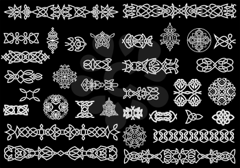 Celtic ornaments, knot patterns and borders in traditional medieval style on black background for ethnic embellishment and tattoo design 