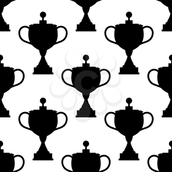 Seamless pattern of vintage trophy cup black silhouettes on white background for sporting competition or reward ceremony design