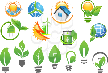 Abstract ecology icons depicting light bulbs with green leaves, sun and globe with renewable energy signs suited for saving environment or green energy concept design