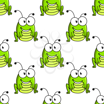 Seamless pattern of funny cartoon green grasshopper isolated on white background suitable for childish decor or fairytale design