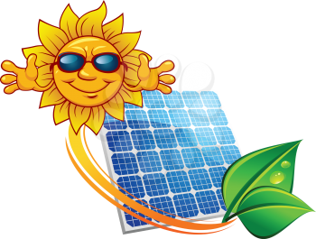 Solar energy panel decorated sun rays and green leaves in dew above them happy cartoon sun in sunglasses for alternative power sources concept design
