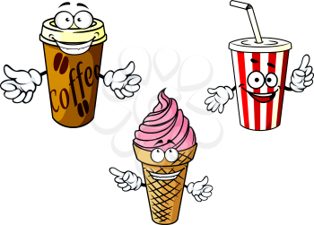 Cartoon happy coffee, soda, ice cream characters depicting drinks in cardboard cups with caps and straw, cold dessert in waffle cone for fastfood or takeaway cafe menu design 