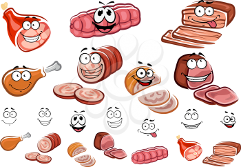 Meat products cartoon characters with smiling sliced sausages, roast beef, chicken and pork gammon suitable for butcher shop or food pack design