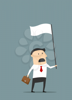 Cartoon disappointed businessman with briefcase holding white flag of surrender and defeat for financial failure concept design