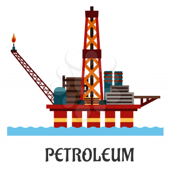 Petroleum industry flat concept showing oil offshore platform on hull columns in the ocean with derrick, cranes and workshop