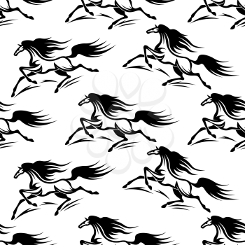 Seamless pattern background of black horses silhouettes with a flowing mane and tail in outline sketch style for fabric or page fill design