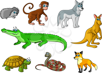 Cartoon forest and jungle animals characters with cute crocodile, fox, monkey, hedgehog, wolf, turtle, snake, kangaroo for childish decor and education design