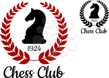 Chess club logo or emblem with black silhouette of horse figure bordered laurel wreath with date of foundation in two colors variations
