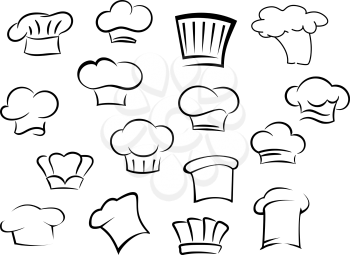 Chef hats icons with white professional uniform caps for kitchen staff in doodle sketch  style