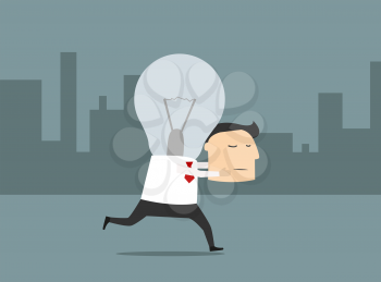 Running cartoon businessman with bulb head hurrying up to realize fresh great idea suitable for inspiration or success business concept design