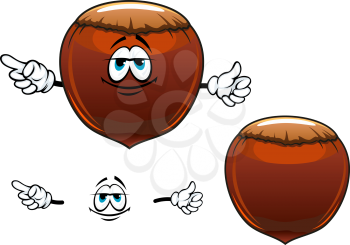 Dried hazelnut fruit cartoon character showing smiling brown nut with strong shell for vegetarian or healthy nutrition concept design