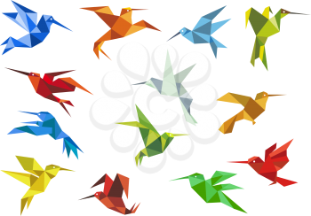 Origami paper hummingbirds design elements with flying colorful abstract colibri for logo or emblem