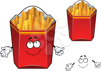 French fries cartoon character with smiling paper red box filled wavy crunchy slices of fried potato for food pack or fast food cafe design