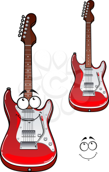 Red electric guitar cartoon character showing cheerful musical instrument with detailed body isolated on white background for art design