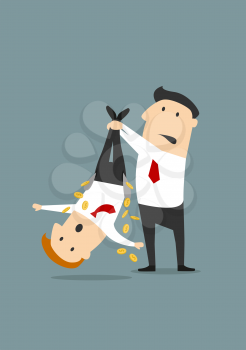 Cartoon businessman holding colleague upside down with turned inside out pockets and falling golden coins suitable for robbery or theft in business concept design