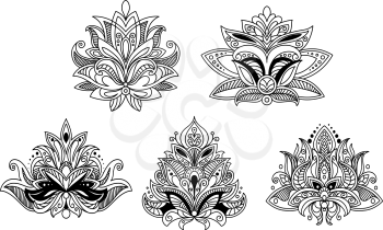 Indian and persian paisley floral design elements in outline style isolated on white