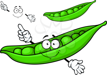 Cartoon green pea vegetable with happy face elements and hands isolated on white background