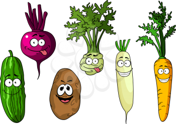 Cartoon fresh funny beetroot, potato, cucumber, carrot, kohlrabi and radish vegetables on white background