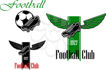 Black and green  football or soccer emblems with winged football boots, ribbon, text and ball