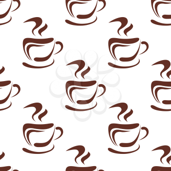 Seamless brown pattern with steaming coffee cups for cafe or restaurant design