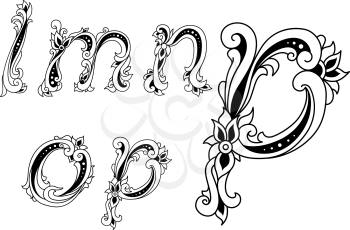 Decorative alphabet letters L, M, N, O and P with floral elements