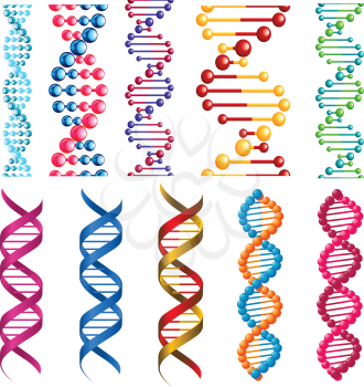 Colorful DNA molecules showing the helical structure or twisted spiral decorative patterns in seamless vertical patterns for borders and frames