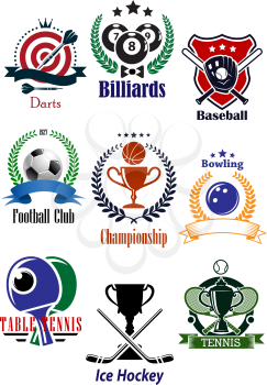 Colored sports tournaments emblems set including dart, billiards, basketball, baseball, football or soccer, bowling, table tennis, tennis and ice hockey games