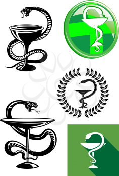 Set of pharmacy icons with medicine symbol of a cup or chalice with a snake twined around its stem and poised above it, vector illustration