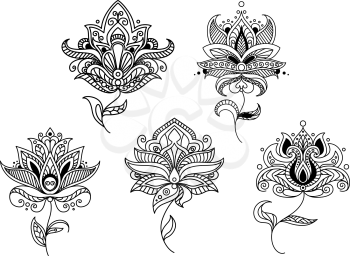 Outline paisley flowers and floral elements, for indian or persian ornament design
