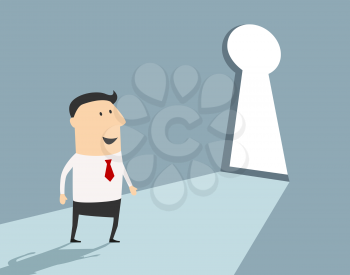 Business opportunity concept with a businessman standing in front of a large keyhole in the wall, flat style