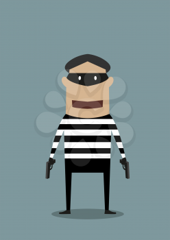 Cartoon character thief or robber wearing a mask and striped prison clothes and toting two handguns standing facing the viewer