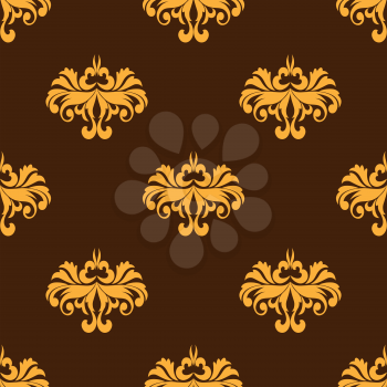 Yellow floral seamless pattern with intricate ornate flowers in damask style for wallpaper, tiles and fabric design in square format isolated over brown color background
