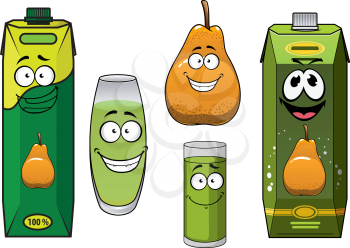 Pear fruit, juice and drinks in cartoon style for health and fresh food concept design
