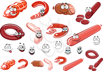 Cartoon sausage, wurst and meat characters with funny faces for food design