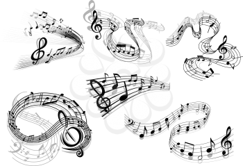 Swirling musical icons in black and white with flowing staves with clefs and musical notes in different patterns