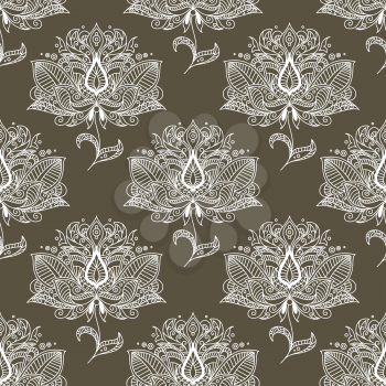 White paisley seamless pattern on brown background for textile or interior design