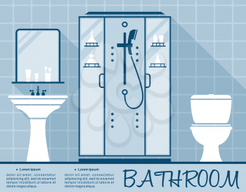 Bathroom design infographic template in flat style in shades of blue of a bathroom interior with toilet, shower and hand basin over editable text space