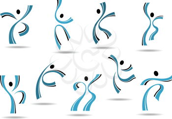 Set of stylized blue icons of dancing people and sportsmen jumping and leaping with outspread arms