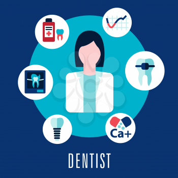 Dentist and dentistry concept with dentist surrounded by icons depicting caries, calcium, antibiotics, decay, repair, implant, and x-ray with the text  below