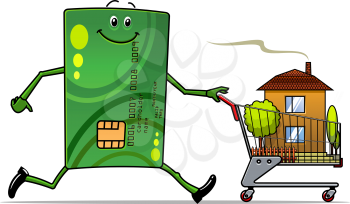 Cartoon credit card pushing a shopping cart with house inside for real estate industry design