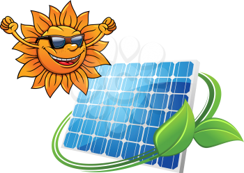 Happy cartoon sun with solar photovoltaic panel for environment and technology design