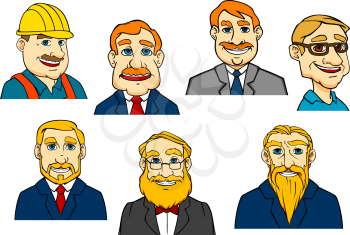 Different cartoon men as a builder, doctor, businessmen and seniors with beard