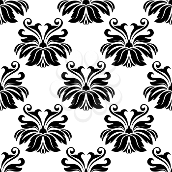 Damask seamless pattern with black decorative flowers on white background