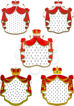 Heraldic red royal mantles set with silk, crowns and golden embellishments