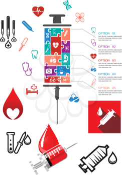 Medical and hospital infographics with icons with syringe, blood and other emergency icons