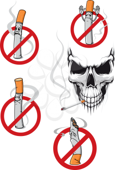 No smoking sign with cartoon cigarette and danger skull for health concept design
