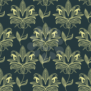 Beige seamless paisley floral pattern on blue background for wallpaper design