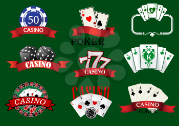 Casino and gambling icons set with casino chips, bet, roulette, dice and cards