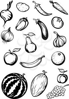 Variety sketches of fruits and vegetables for logo, fresh food or nutrition design