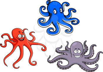Red, blue and purple cartoon octopus characters isolated on white background for sealife design